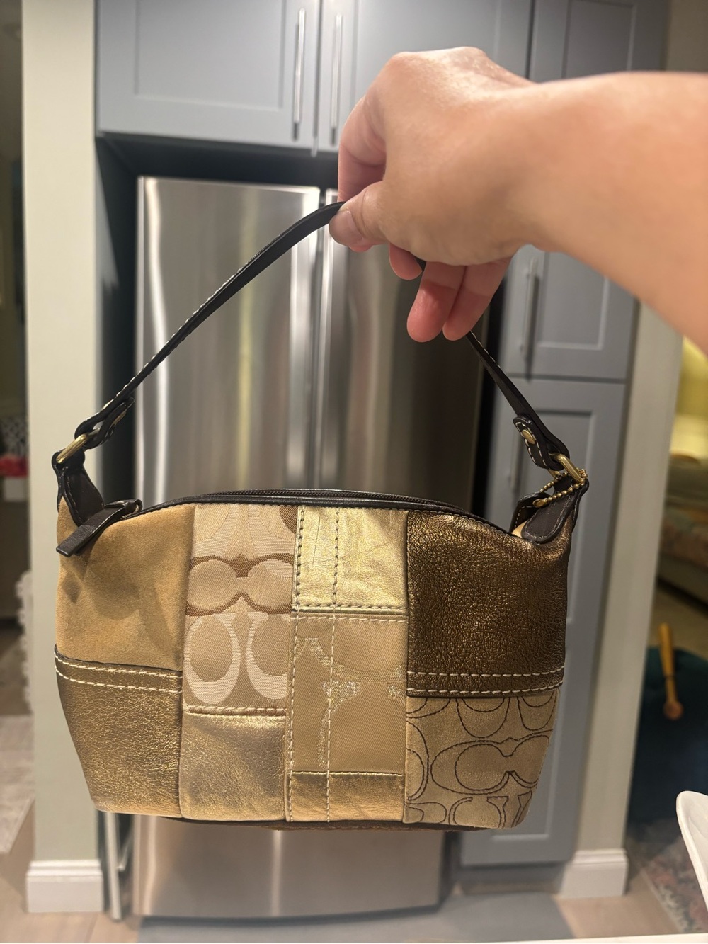Coach Y2K Metallic Gold Patchwork Shoulder Bag with Dark Brown Handle